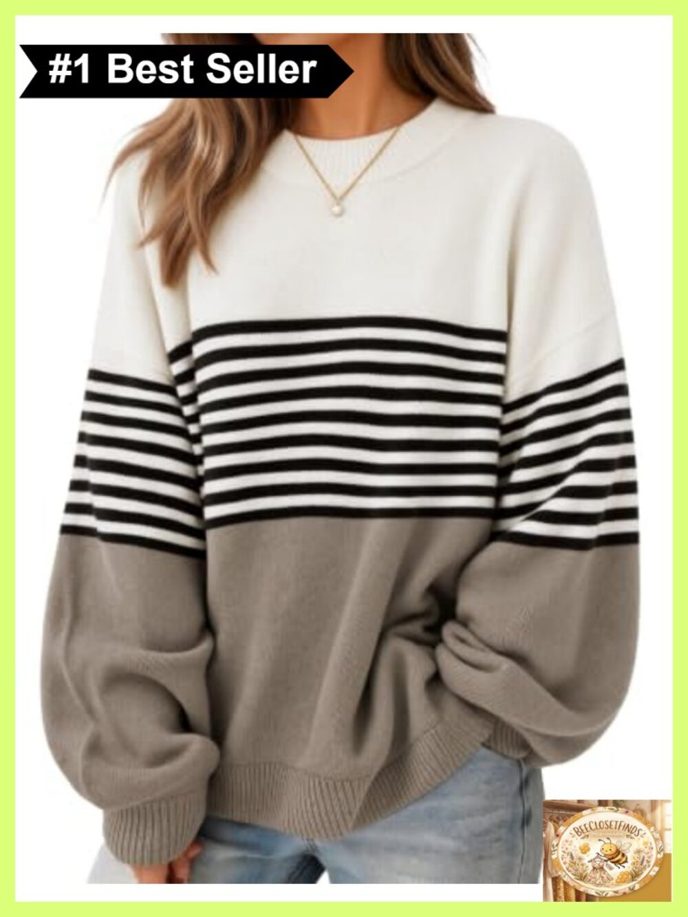 Oversized Batwing Sleeve Pullover Sweater Contrast Trim Slouchy